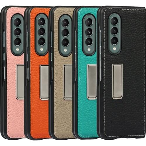 Genuine Leather Litchi Pattern Hard PC Bumper Stand Cover Funda For Samsung Galaxy Z Fold3 Fold 3 Zfold3 5G 7.6 Case Coque Shell