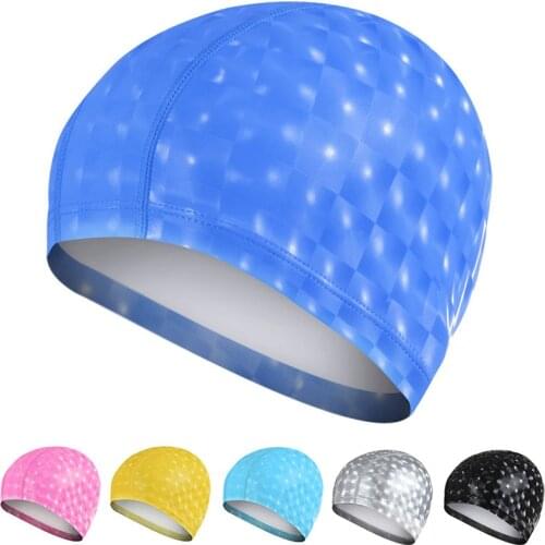 Queshark Men Women Free Size Elastic Waterproof PU Swimming Cap Fabric Protect Ears Long Hair Sports Swim Pool Cap Swim Hat