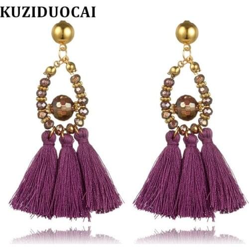 Kuziduocai New ! Fashion Fine Jewelry 9 Colors Copper Resin Cotton Thread Beaded Crystal Tassel Stud Earrings For Women E-1077