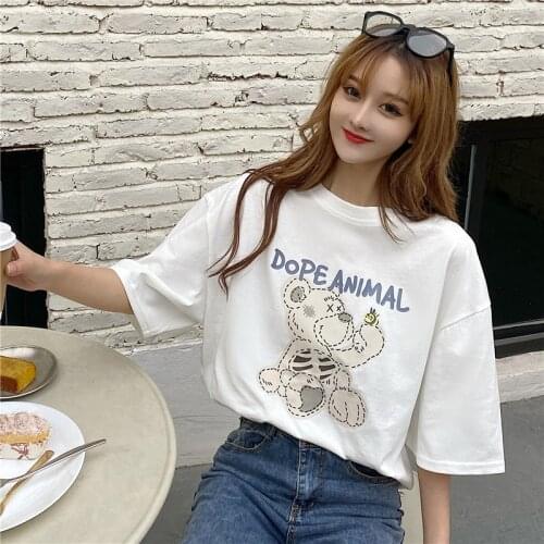 Summer college style cartoon print half-sleeved mid-length loose cotton T-shirt all-match casual women