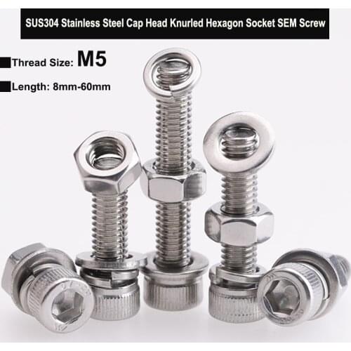 M5 SUS304 Stainless Steel Knurled Cap Head Hexagon Socket Bolt Three Combination Screw with Plain Washer Spring Washer and Nut