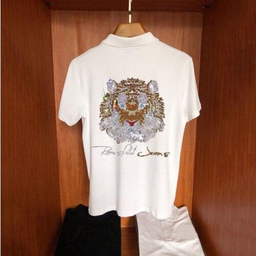 Mens 2021 Top Quality Slim Fit Polo Shirt Luminous HD Tiger Hot Rhinestone Casual Street Brand Short Sleeve
