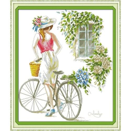 Bicycle girl cross stitch kit people 18ct 14ct 11ct count print canvas stitches embroidery DIY handmade needlework