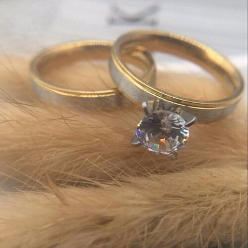 4mm titanium Steel CZ Korean Couple Rings Set for Men Women Engagement Lovers,his and hers promise,2 tone gold silver