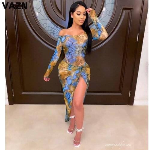 VAZN New 2020 Night Shinny Dress Full Sleeve Sheath Floral Dresses For Evening Robe Gowns Formal Party Maxi Dress