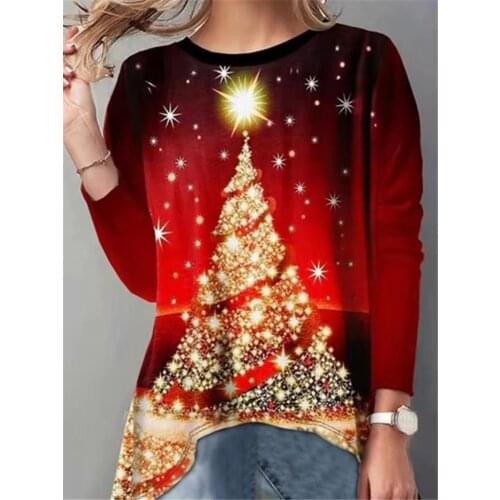 Autumn Winter Long Sleeve Christmas Tree Print Women T-Shirt Loose Casual Tops Christmas Style Street Tee Female Outfit