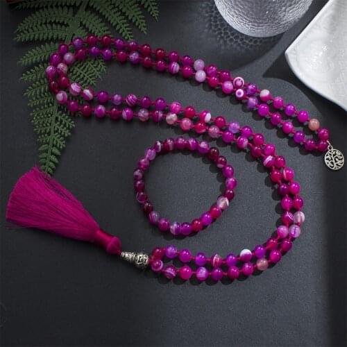 8mm Rose Red Striped Agate Mala Necklace 108 Japamala Beaded Knotted Meditation Yoga Spiritual Life Tree Woman Jewelry