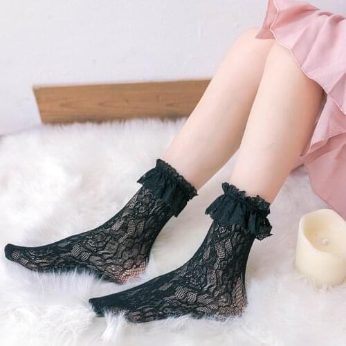 Sexy Lace Lolita Socks Women Summer Ruffle Mesh Socks Frilly Sheer Fishnet Lettuce Floral Transparent Ladies Dress Ankle Sock