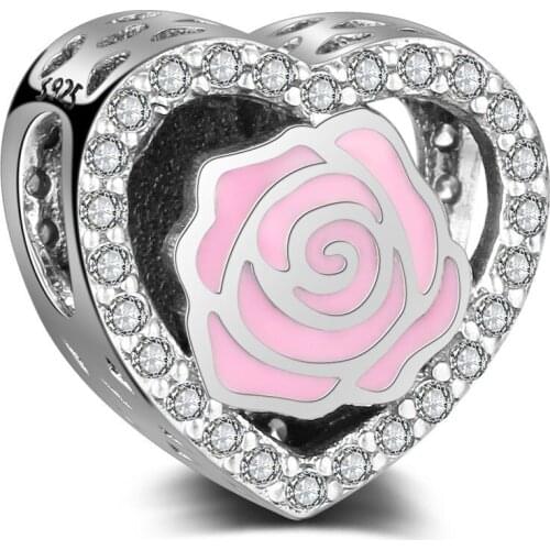 Authentic 925 Sterling Silver Hollow Pink Rose Crystal Glaze Heart Beads For Original Pandora Charm Bracelets & Bangles Jewelry