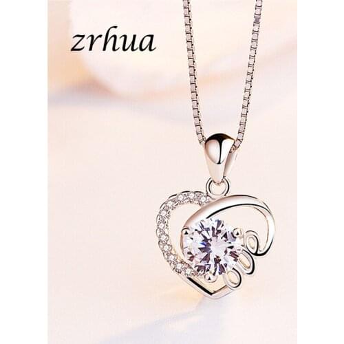 ZRHUA 925 Sterling Silver Necklace Love Heart Chain Zircon Pendants Necklaces For Women kolye Choker Wedding Decoration