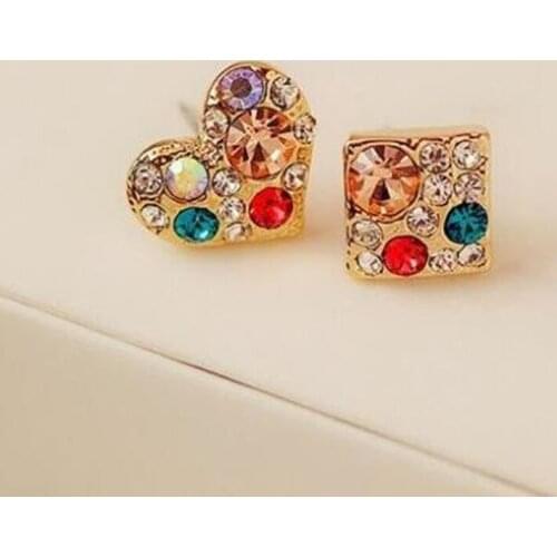 Rhinestone Crystal Heart-Shaped Box Of Small Earrings Asymmetric Jewelry Accessories