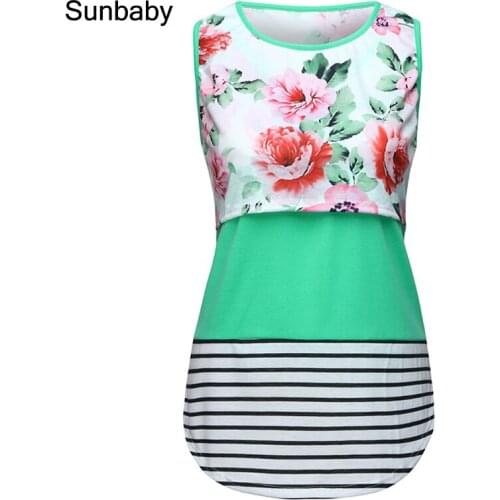 Sunbaby maternity clothes Floral print stitching stripe maternity dress breastfeeding T-shirt T0404