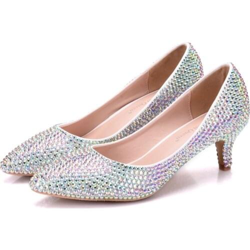 Crystal Queen Women Pumps Crystal Wedding Shoes Pointed Toe High Heels Cinderella Shoes Rhinestone 5CM Heels Shoes