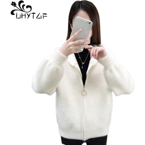 UHYTGF Imitation Mink Autumn Winter Sweaters Jacket Women Fashion Hooded Knitted Cardigan Female Loose Short Plus Size Coat 1192