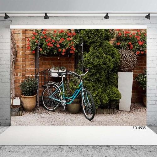 Bicycle Brick Wall Plant Flowers Photography Backgrounds Custom Backdrops for Children Baby Portrait Photoshoot Photo Studio