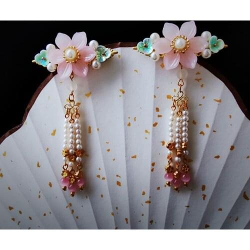 2 pcs Vintage Flower Tassel Flower Hairpin Hair Clip Ancient Chinese Hair Girl Pearl Wedding Hair Jewelry Cat eyes Hair clip