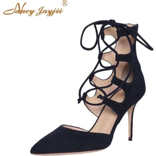 Women Shoes Ladies Pumps Flock Solid Ankle Strap Lace-Up Wedding/Party Super High thin heels Cover Elegant Fashion Novelty 2019