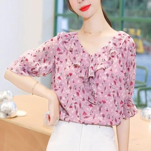 Womens Spring Summer Style Chiffon Blouses Shirts Womens Half Sleeve Printed V-neck Ruffles Elegant Tops SP514