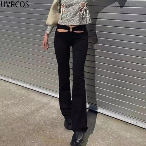 UVRCOS Hollow Low Waist Y2K Pants Chic Harajuku Womens Streetwear 2021 New Trend Summer Flare Pants Skinny Elastic Long Trousers