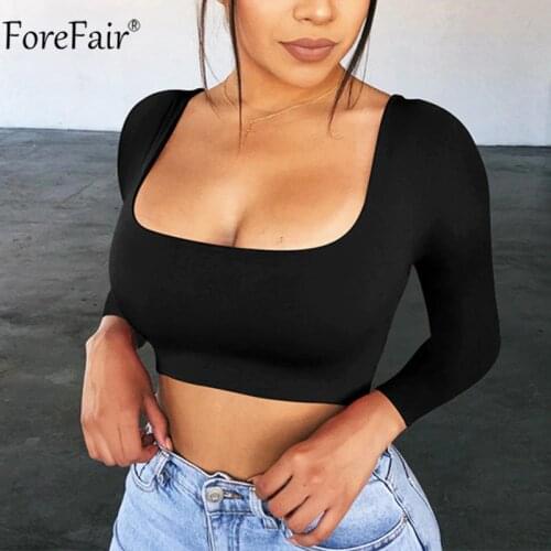 Forefair Square Neck Long Sleeve Crop Top Women Autumn Spring White Black Sexy Solid Party Tee Casual Ladies T Shirt Basic