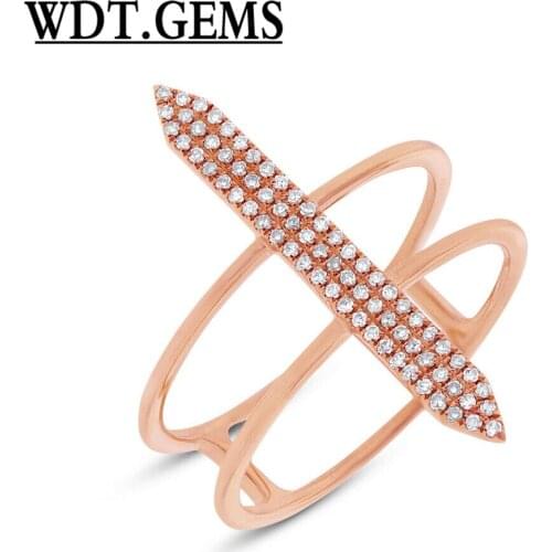 0.18 CT 10K Rose Gold Natural Round Diamond Double 2 Band Pave Long Bar Ring