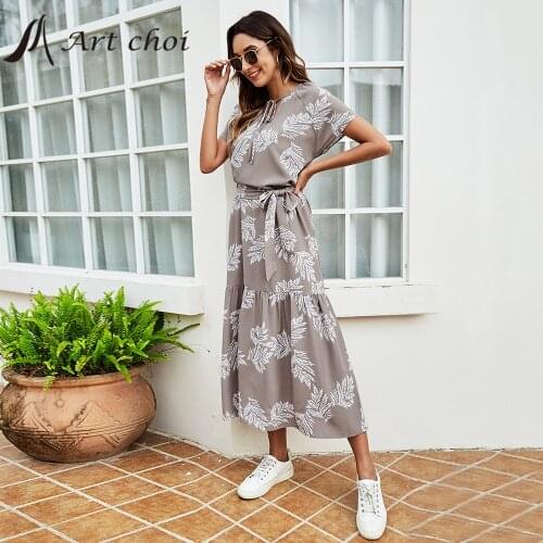 2021 Ruffle Dress Summer Women Casual Beach Print Loose A Line Bandage Belt Ruched Trendy Elagant Ladies Boho Party Maxi Vestido
