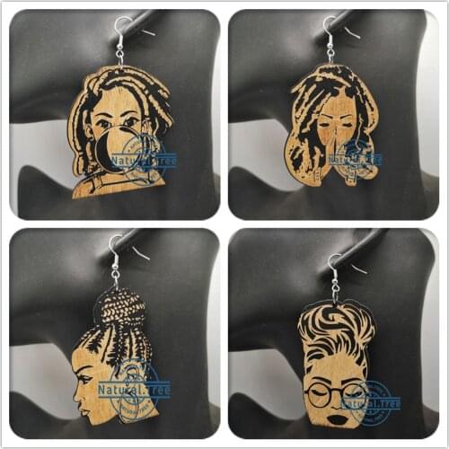 Free Shipping!Newest Afro Girl Wooden Earrings