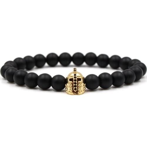 8mm Matte Black Stone Beads Bracelet Pave CZ 4 color Knight helmet Bracelet bangle for Women&Men Trendy Jewelry Handmade 2021