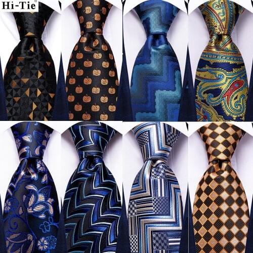 Hi-Tie Novelty Design Gold Blue Paisley Floral Silk Wedding Tie For Men Fashion Quality Hanky Cufflinks Nicktie Set Dropshipping