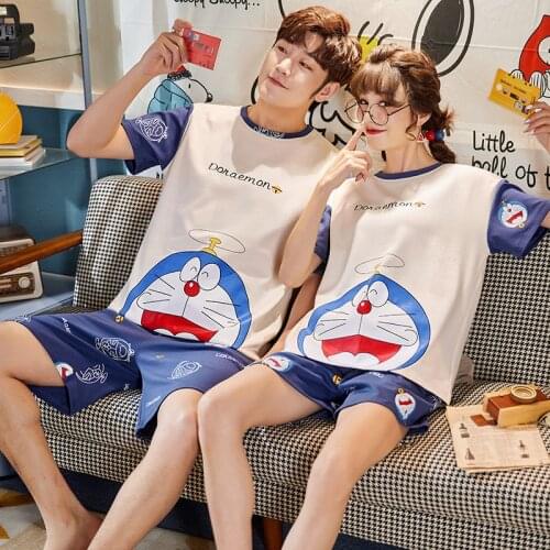 Men Women Cotton Patchwork Summer Shorts Nightwear Oversized Couple Pajamas Japan Kawaii Doraemon Cartoon Short Sleeves Homewear