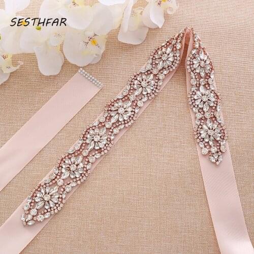 Crystal Wedding Belt Handmade Beads Bridal Sash Rose Gold Rhinestones Bridal Belt For Wedding Long Dresses J190RG
