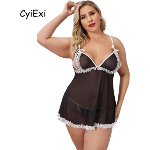 CyiExi Black Plus Size Lingerie Sets for Women Sexy Lace Sheer Babydoll Dress + Thong 2 Pieces Set Nightdress Female Nightwear