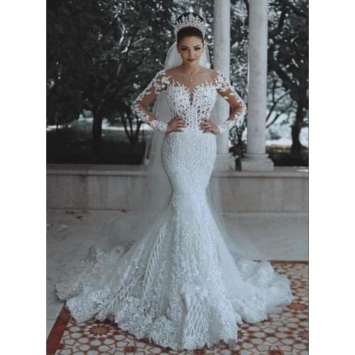 Bodice Lace Mermaid Wedding Dresses 2021 Sheer Bridal Gowns With Long Sleeves Zipper Back Bride Dress 2023