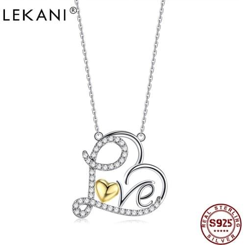 LEKANI Heart Shape Series Necklace For Women S925 Sterling Silver Letter Love Plating Gold Cubic Zirconia Full Love Fine Jewelry