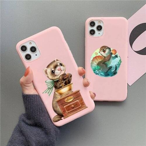 Cute Cartoon Otter Phone Case For iphone 12 11 Pro Max Mini XS 8 7 6 6S Plus X SE 2020 XR Matte Candy Pink Silicone cover