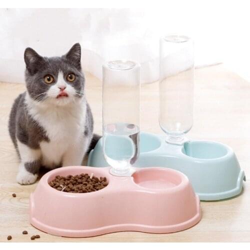 Pet Food Bowl Double Bowls with Drinking Bottle Round Plastic Cats Dogs Water Bottle Dog Cat Supplies