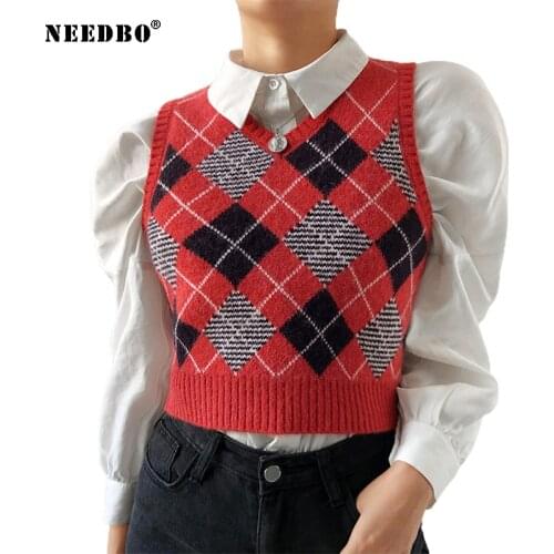NEEDBO Knit Sweater Vest Women Vintage Plaid Sleeveless Jacket Women Vest Outerwear Autumn Female Pullove Casual Chic Tops