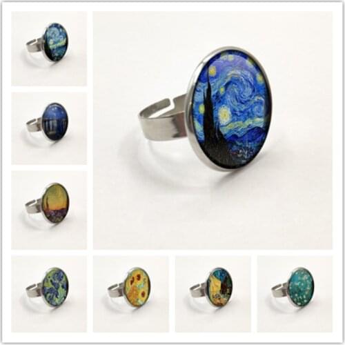 New Glass Dome Rings The Starry Night by Vincent Van Gogh 1889 Handmade Keepsake Ring Art Painting Adjustable Ring