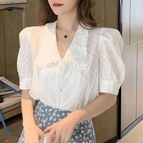 New 2021 Short Sleeve Loose Women Tops Vintage Doll Collar Solid Casual Shirt Sweet Hollow Flower Lace Blouse Puff Sleeve 14857