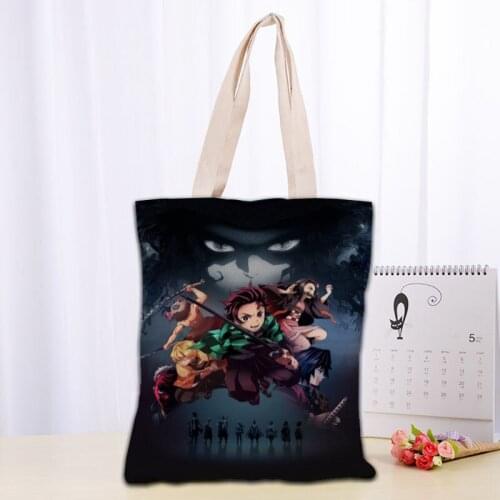Custom Demon Slayer Kimetsu No Yaiba Tote Bag Reusable 30x35cm Two Sides Handbag Shoulder Pouch Foldable Canvas Shopping Bags