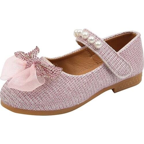 Fashion Girls Princess Shoes Baby Fashion Bow Toddler Student Party Dance Shoes Kids Low-Heeled Leather Shoes Pink Gold Large i
