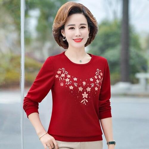 Spring T-shirt Pullover Bottom Tee Shirts Femme Mother Clothing Floral O-Neck Long Sleeve T-Shirts Women Plus Size Tops