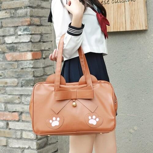 Japanese Cute Cat Bow Lolita Girls JK Uniform Handbag PU Leather Shoulder Student Bag Anime COS Female Bag with Bell