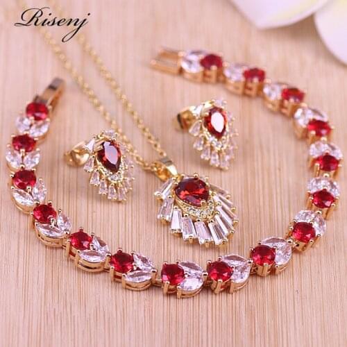 Risenj Gold Color Jewelry For Women Red Love You In Heart Square Earrings Bracelet Necklace With Pendant Bridal Jewelry