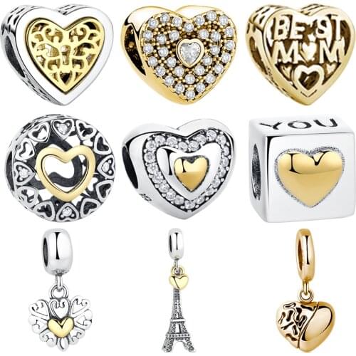 100% Authentic 925 Sterling Silver Hollow Heart Gold Heart Charm Beads Fit pandora Bracelet Women Fashion Jewelry Mother Gift