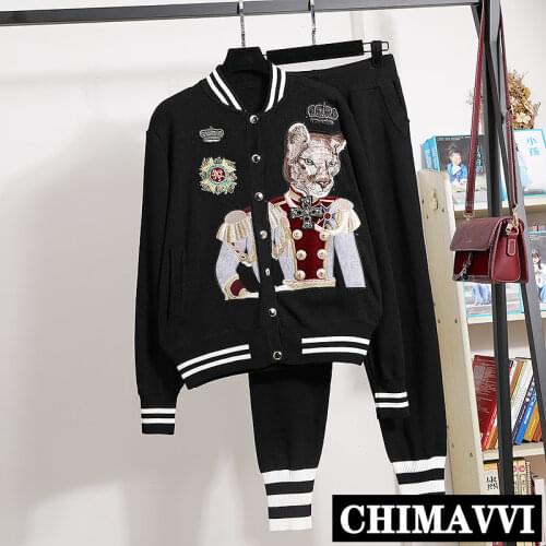 Hepburn Style 2 Piece Knitted Set Women Autumn Winter Retro Embroidered Single-breasted Cardigan Sweater Jacket Pants Plus Size