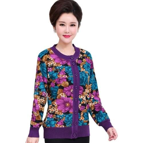 Flowers Printed Women Knitted Cardigan Coat Fall Winter Long Sleeve Mother Sweater Knitwear Thick Jumper With Velvet
