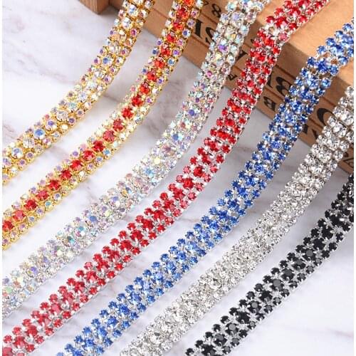 2 Yard 3 Rows Crystal + Color Ab Rhinestone Cup Chain Silver Base With Claw Dress Decoration Trim Applique Sew On Garment Bags