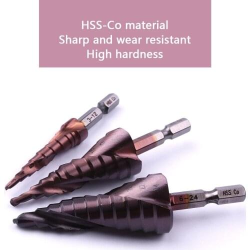 3Pcs 1/4'' Hex Shank HSS-CO/M35 3-12 4-22 6-24mm Spiral Grooved Step Cone Drill Bit 9/10/11 Steps Metalworking Step Drill Bit