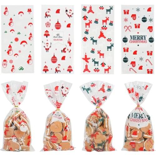 50Pcs/lot 27x13cm Santa Claus Tree Christmas Gift Bags Cartoon Plastic Candy Bag Christmas Cookie Packaging Pouch for Xmas Decor